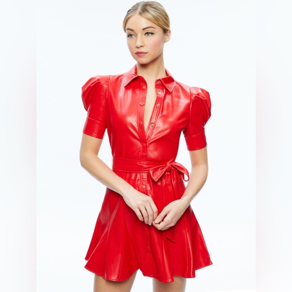NWT Alice + Olivia Lurlene Vegan Leather Mini Dress in Red Size 0 - Picture 2 of 8